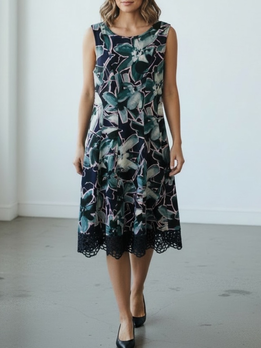 Donna Ricco Navy Floral Midi Dress with Black Lace Trim